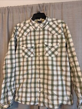 Patagonia White and Green Plaid Casual Button-Down Shirt